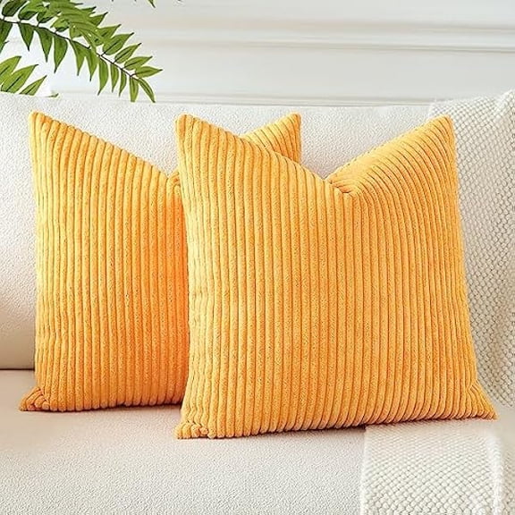 Eryueer Corduroy Decorative Throw Pillow Covers 50x50 cm Soft Striped Boho Cushion Covers 20x20 Inch Cushion Case Square Pillowcases for Couch Sofa Living Room Bed Home Decor Set of 2 (Orange Yellow)