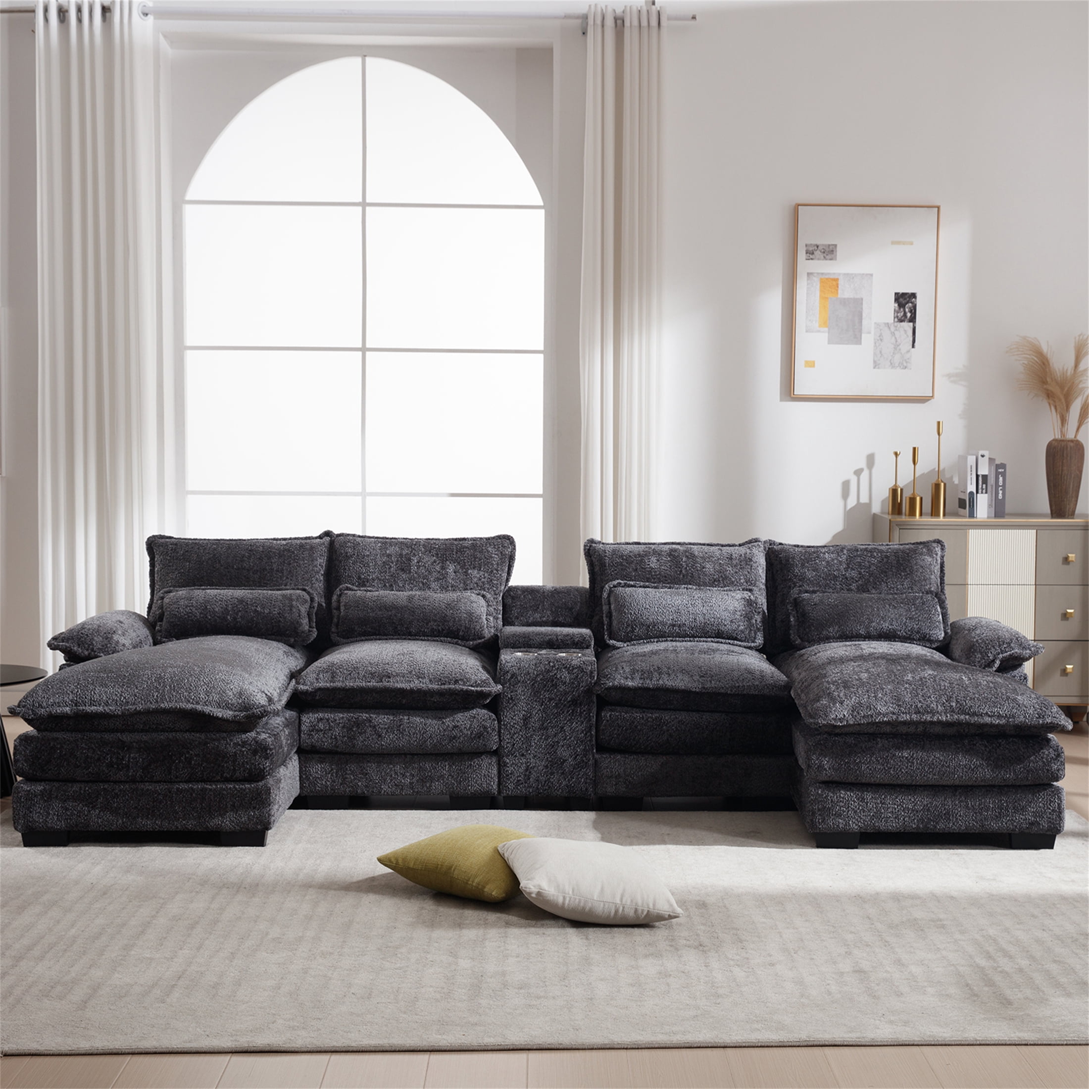 Aukfa 123" Oversized Sectional Sofa U-shaped Couch w/ Cupholder Console & USB Port for Living Room, Chenille, Gray