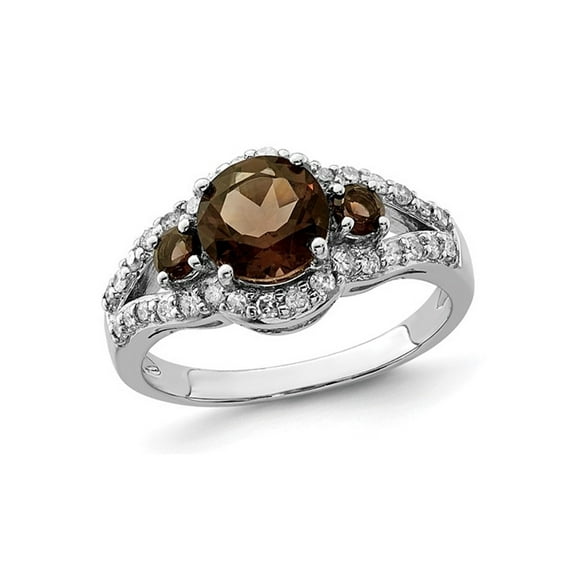 1.45 Carat (Ctw) Smoky Quartz Three Stone Ring in Sterling Silver with Diamonds for Women