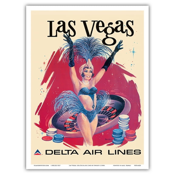Las Vegas, USA - Vegas Show Girl - Delta Air Lines - Vintage Airline Travel Poster by Fred Sweney c.1960s - Master Art Print (Unframed) 9in x 12in
