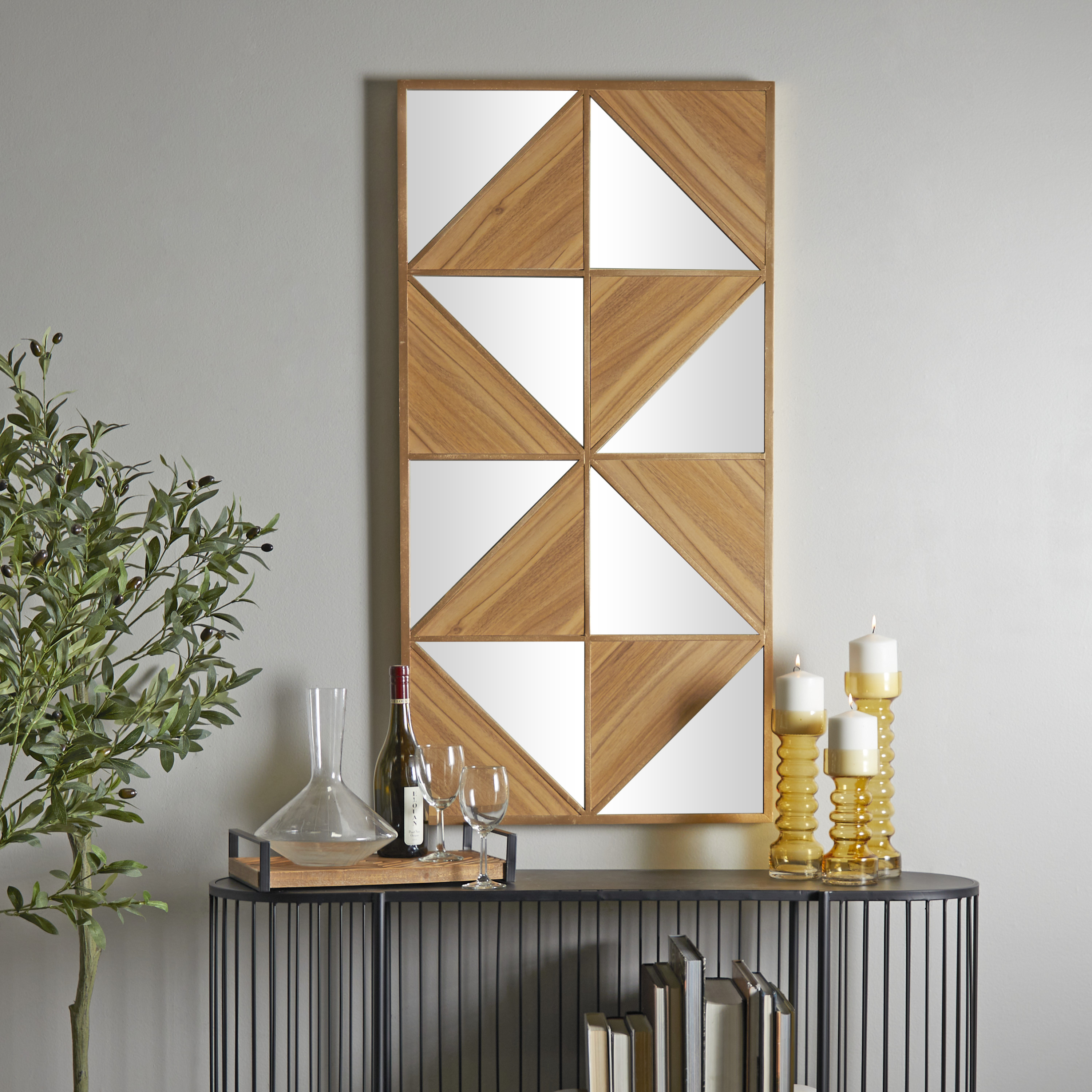 DecMode Light Brown Wood Triangle Mirrored Geometric Wall Decor
