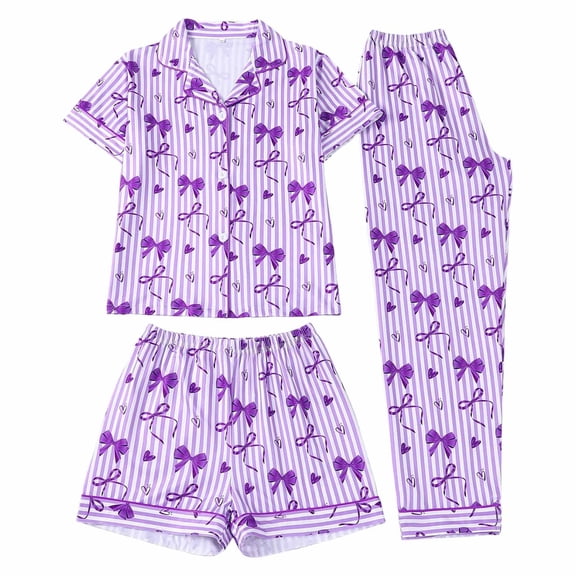MEZZALL Kids Girls 3 Piece Striped Bow Print Pajama Sets Lapel Short Sleeve Button Tops Shorts Long Pants Breathable Lightweight Sleepwear And Wear For Girls Nightwear