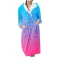 thumbnail image 1 of Women's Color Gradient Plush Bathrobe, Ombre Fade Hooded Robe, Long Length Belted Loungewear, Soft Fleece Kimono Style Gown, Cozy Gradient Color Change Robe Light Blue XXL, 1 of 5