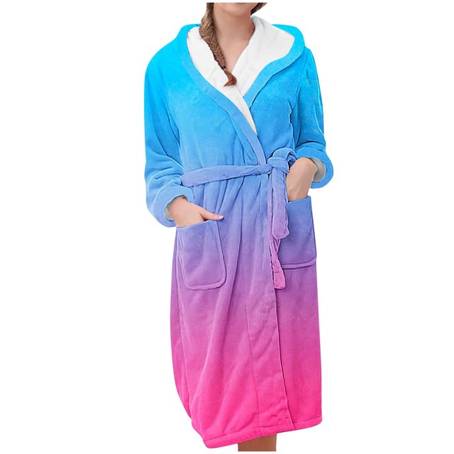 Women's Color Gradient Plush Bathrobe, Ombre Fade Hooded Robe, Long Length Belted Loungewear, Soft Fleece Kimono Style Gown, Cozy Gradient Color Change Robe Light Blue XXL