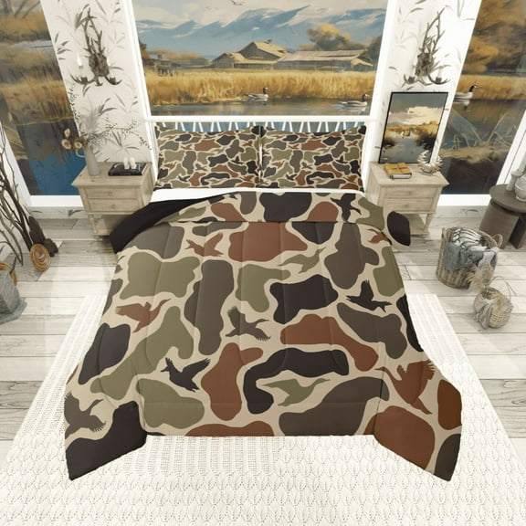 Manfei Mallard Duck 2pcs Bedding Comforter Set,Rustic Camouflage Twin Comforter Sets,Abstract Vintage Breathable Bedding Set,Breathable Animal Home Decor,Reversible