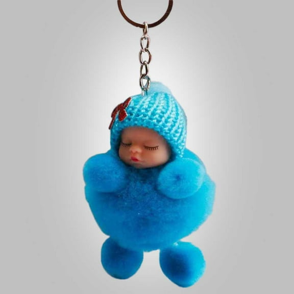 GOOHOCHY 1pc Sleeping Baby Doll Keychain Fluffy Keyring Hanging Pendant Gift Bow-knot Pattern(Blue)