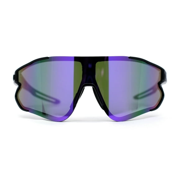 Mens Color Mirror Aerodynamic Block Shield Lens Plastic Sport Sunglasses Black Purple Mirror