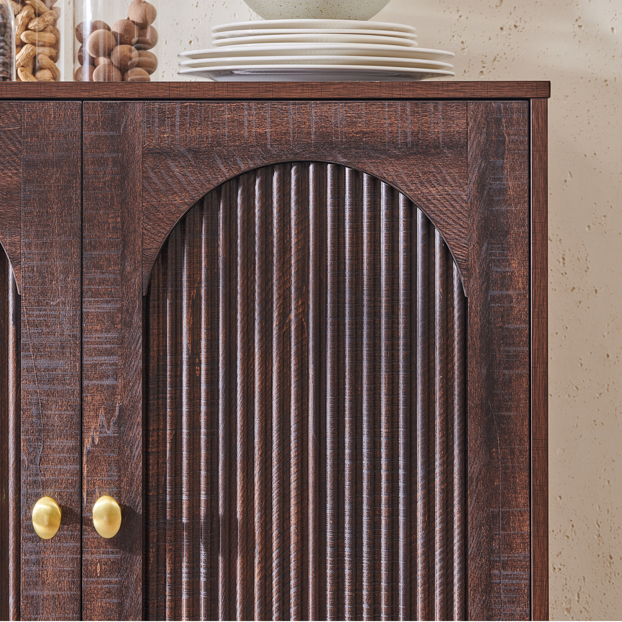 SinCiDo Buffet Cabinet with Storage, 34" Tall Wooden Arched Sideboard Cabinet with/Adjustable Shelf, Fluted Accent Cabinet for Dining Room, Kitchen