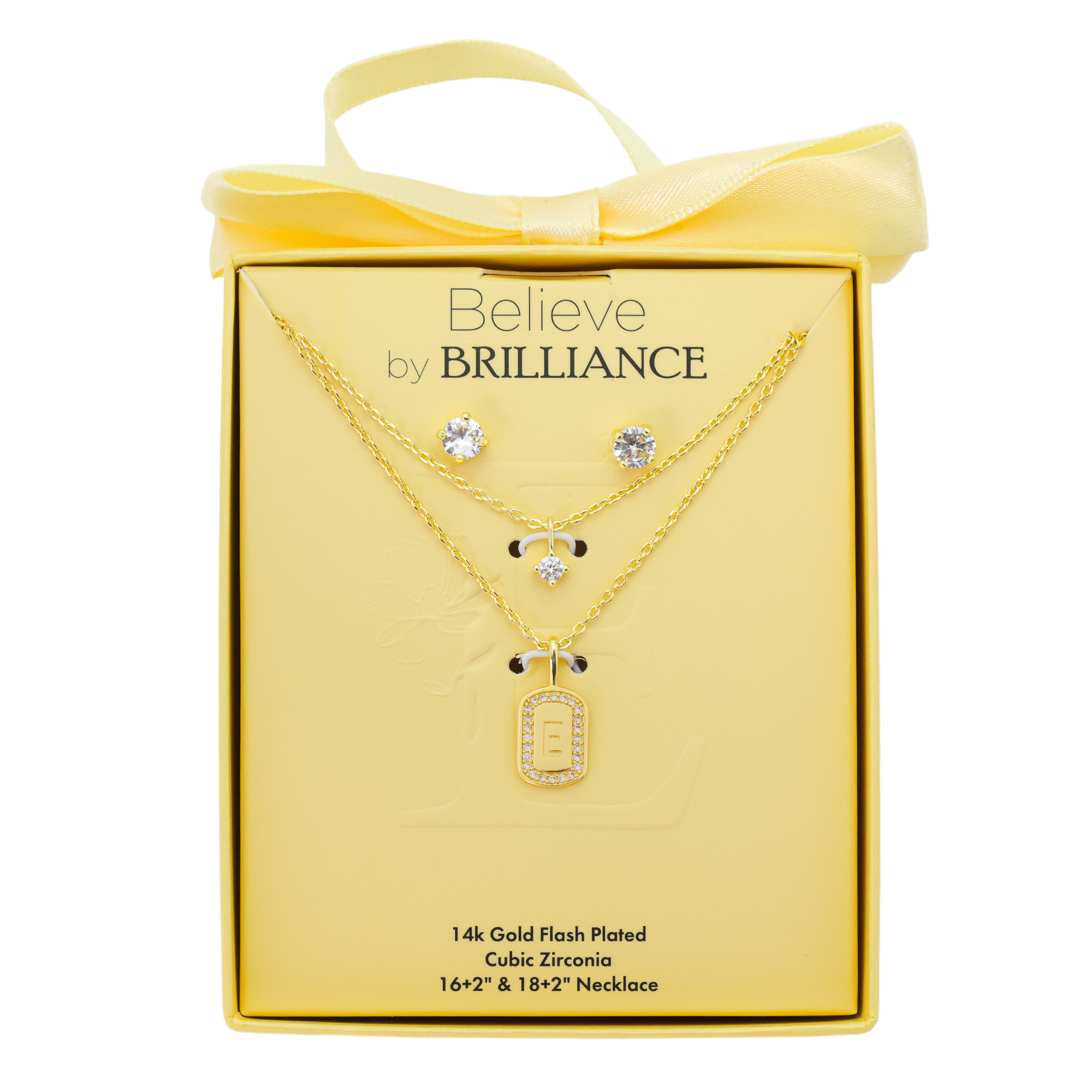 Believe by Brilliance Women's 14Kt Gold Flash Plated Cubic Zirconia Double Layer Tag "E" Necklace and Earring Set