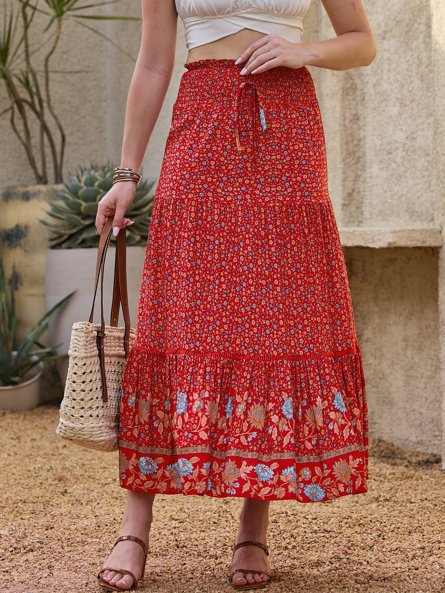 DARING DIVA Women's Fashion Summer Boho Long Skirt X-Large Red