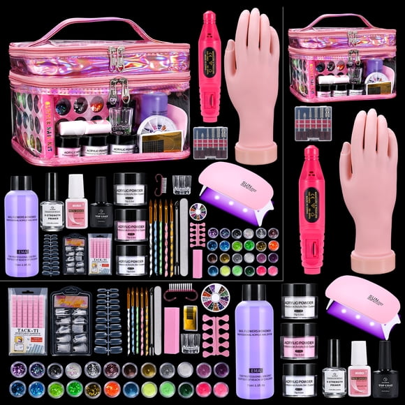 Kit de Uñas para Principiantes con Todo: Set de Polvo Acrílico Líquido Profesional para Uñas con Taladro de Mano de Práctica, Luz U V en Bolsa Cosmética para Mujer, Salón, Hogar (Rosa)