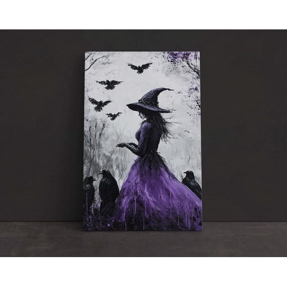 Kna Prints - 1 Pc Poster Witch Ravens, Purple Dress, Gothic Halloween, Dark Academia, Victorian Art, Witchy Art, Dark Arts, Vintage Decor, UNFRAMED-8x12