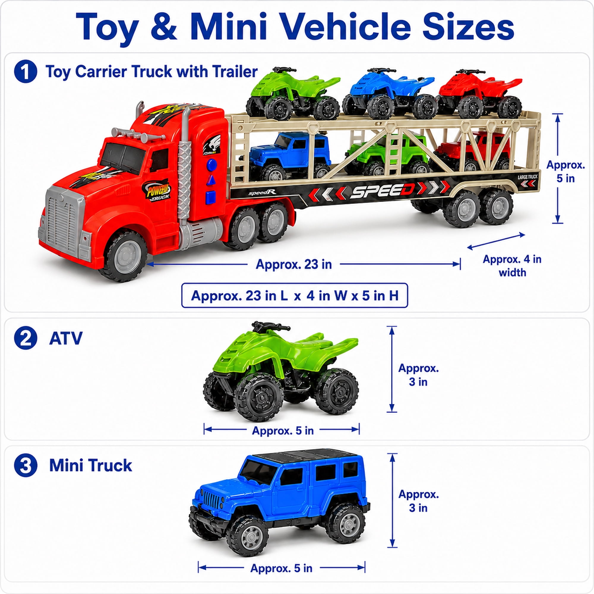 Friction Powered Toy Car Carrier Truck, 23 Inch Transport Trailer with 6 Mini Vehicles, Lights, Sounds, Opening Rear Door, Detachable Trailer