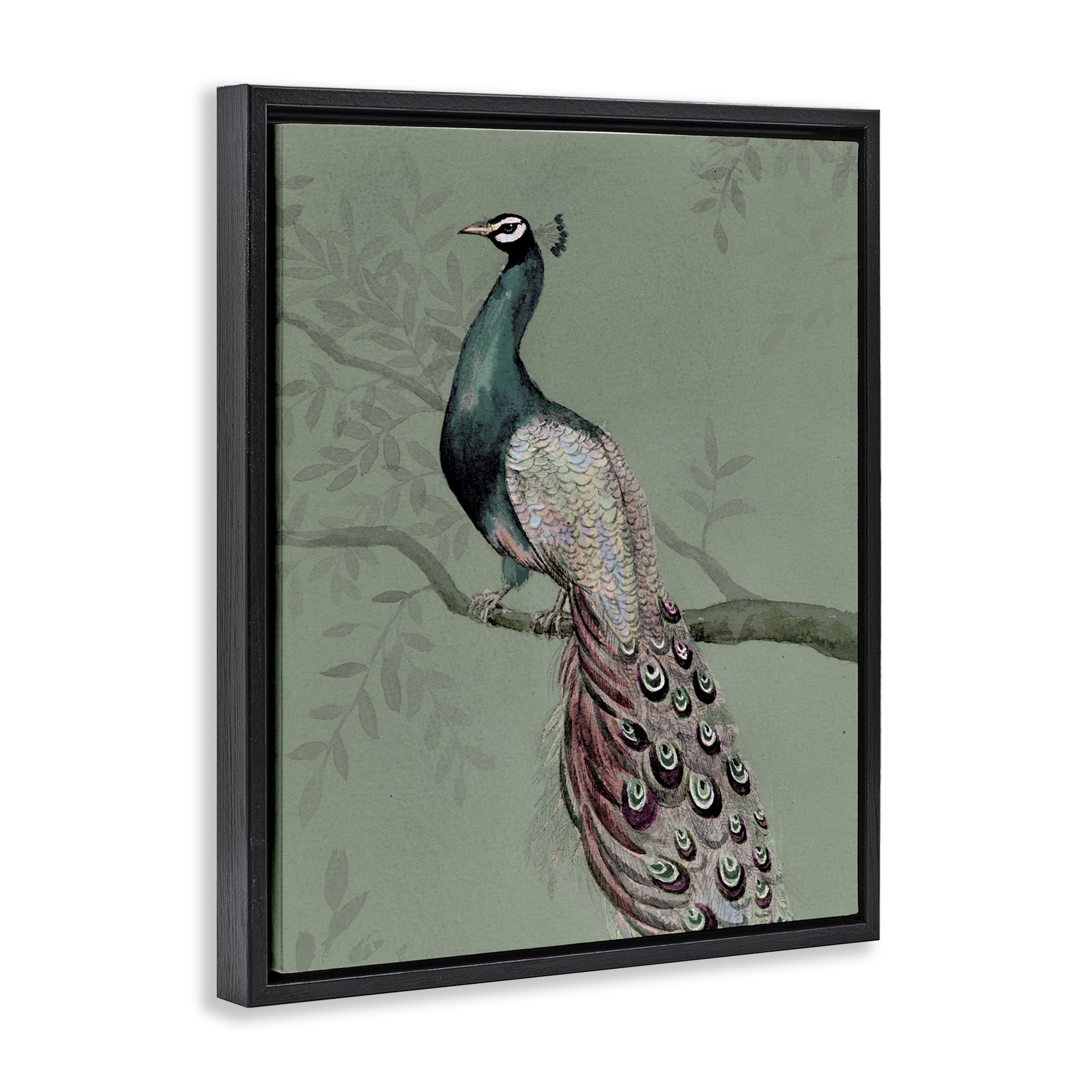 Stupell Industries Regal Peacock on Branch Animals Painting Black Floater Framed Canvas Art Print Wall Art, 17 x 21