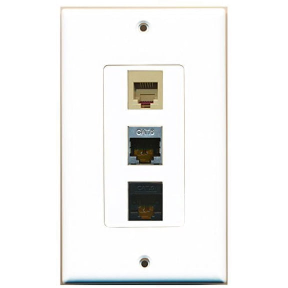 RiteAV - 1 Port Phone RJ11 RJ12 Beige and 1 Port Shielded Cat6 Ethernet and 1 Port Cat6 Ethernet Black Decorative Wall Plate Decorative