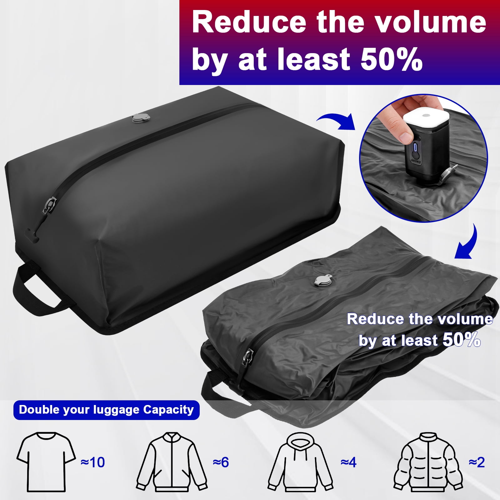 Grusce 2 Pack Vacuum Seal Bag for Traveling with Rechargeable Pump, 17L Compression Packing Cube for Carry On Suitcase and Backpack, Reusable IP67 Waterproof Vacuum Storage Bag