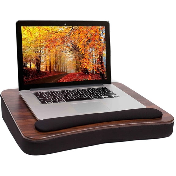 Multi Tasking Lap Desk with Memory Foam Cushion | Tablet Slot | Fits Laptops Up to 17" | Tablets Up to 9.6" | Black | Walnut Wood Top | Computer Lap Tray