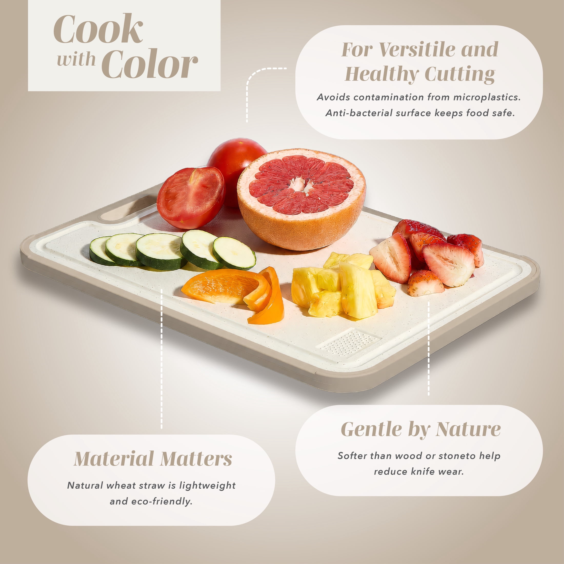 Cook with Color Dual-Sided Stainless Steel and Wheat Straw Cutting Board Cream