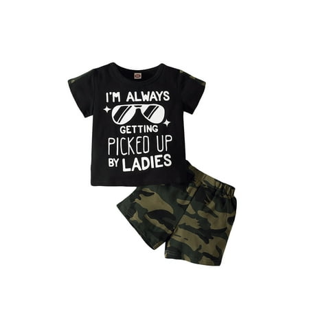 

Xingqing 2 Pieces Kids Suit Set Letter Print O-Neck Short Sleeve Tops+ Camouflage High Waist Shorts for Boys Black