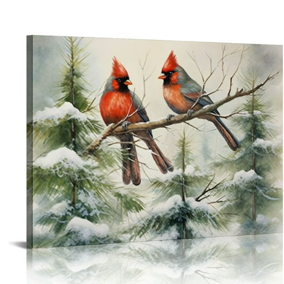 ONETECH Christmas Wall Art Cardinals Picture - Print Red Bird Painting Stretched and Framed Ready to Hang for Wall Décor