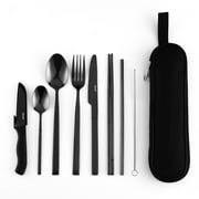 Hecef Portable Travel Cutlery Set, 9 Pcs Black Titanium Plating Reusable Stainless Steel Flatware