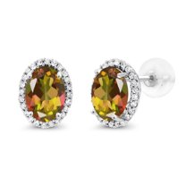 Gem Stone King 10K White Gold Mango Mystic Topaz and White Diamond Halo Stud Earrings for Women | 1.94 Cttw | Gemstone November Birthstone | Oval 7X5MM