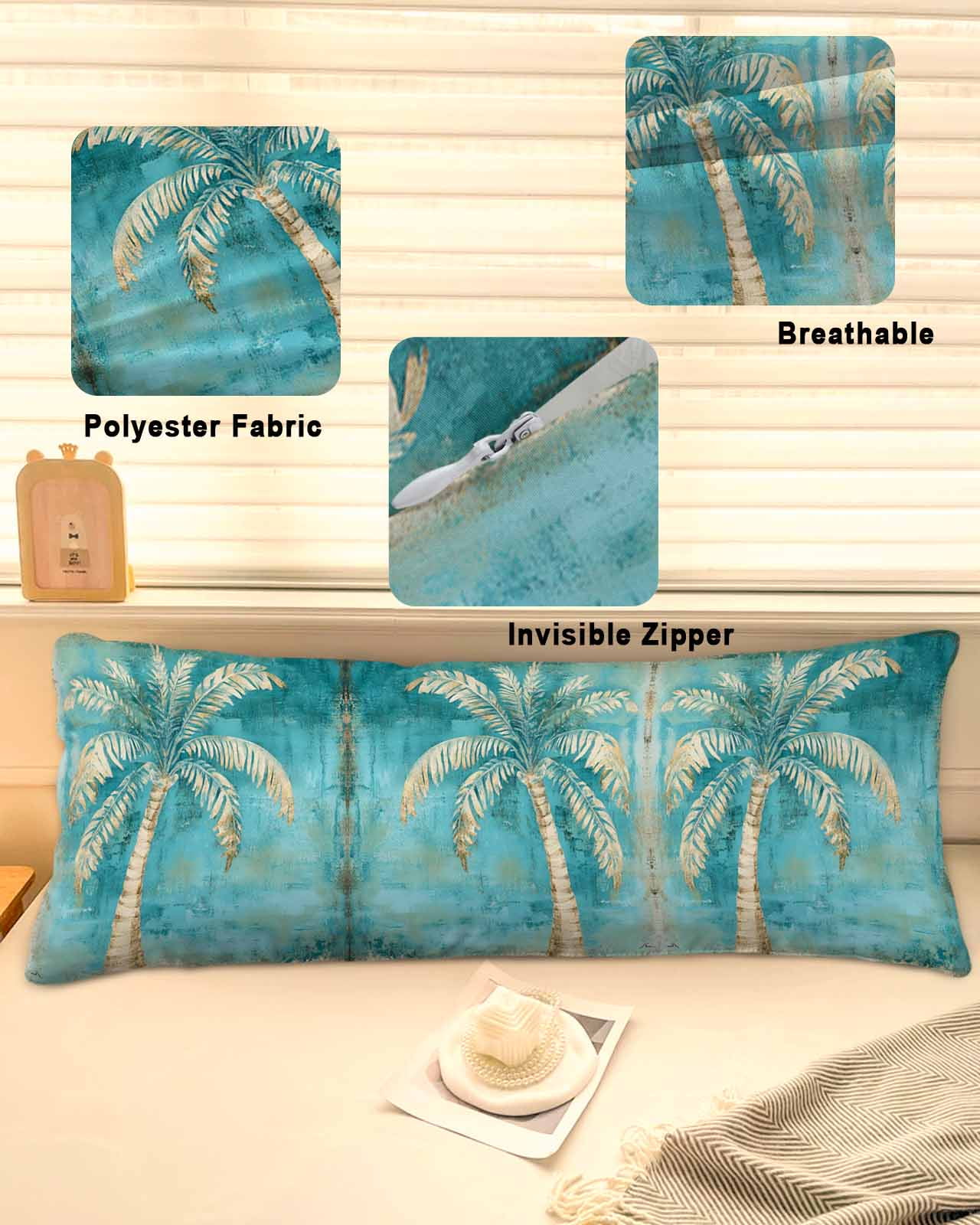 Green Tree Coastal Beach Body Pillow Cover, Pillowcase Protectors with Zipper, Breathable Decorative Throw Pillow Case Cover, Vintage Tropical Plant Pillow Shams for Couch Sofa 20x60Inch