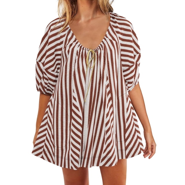 cfhntfmh Oversized Rompers for Women Fashion Striped Scoop Neck Back Keyhole Short Jumpsuit Flowy Half Sleeve Summer Outfits