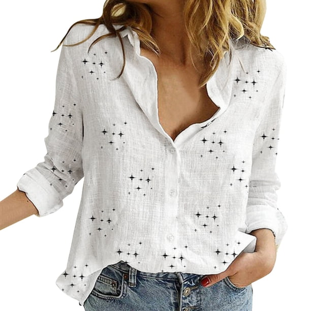 Blusa de lino con cuello en V y botones, manga larga, estilo informal y holgado, para la oficina, poliéster-spandex, tallas S-XXL