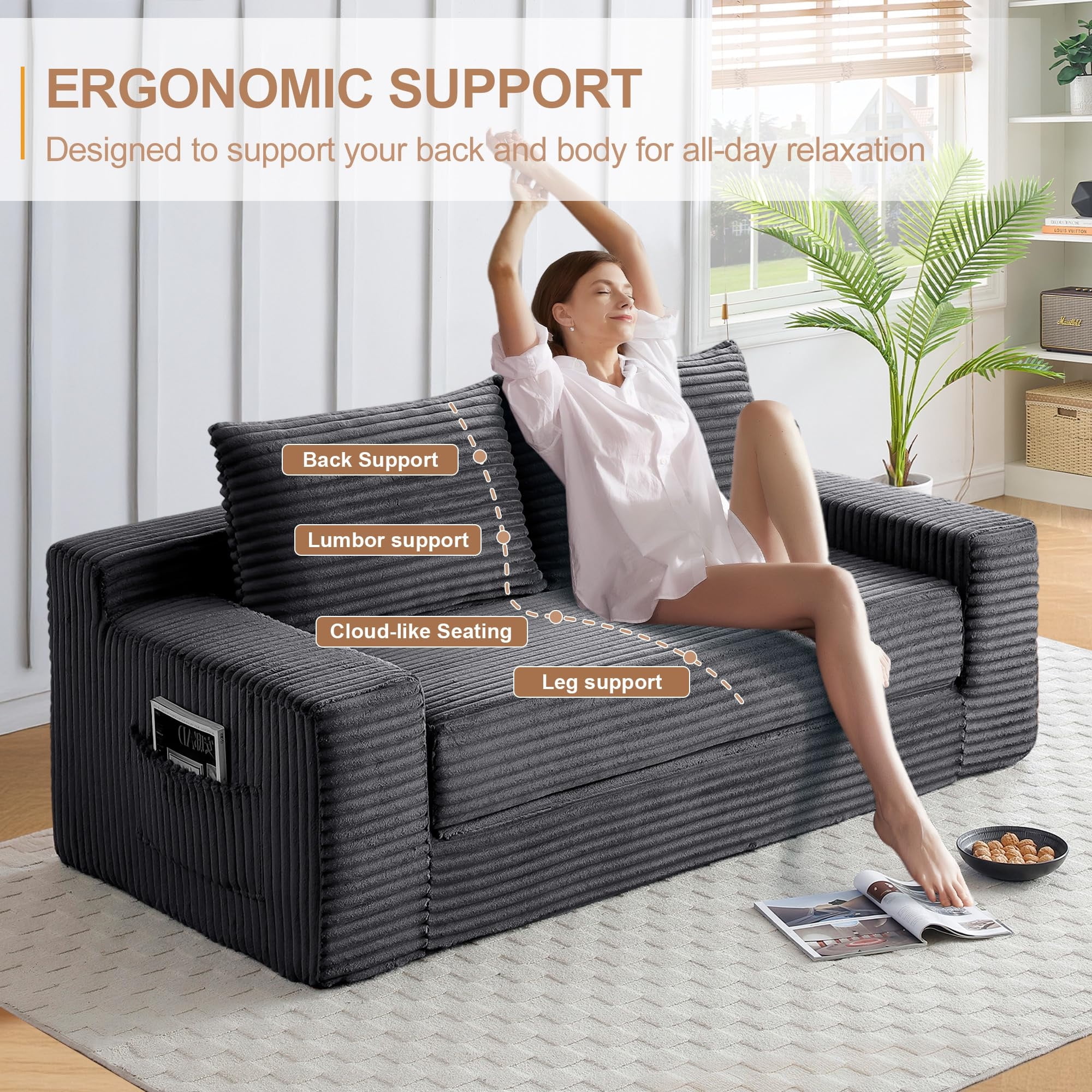 Aukfa 73" Chaise Futon Convertible Sofa Bed Boneless Couch, 2 Pillows&Side Pockets, Queen Size, Corduroy, Gray