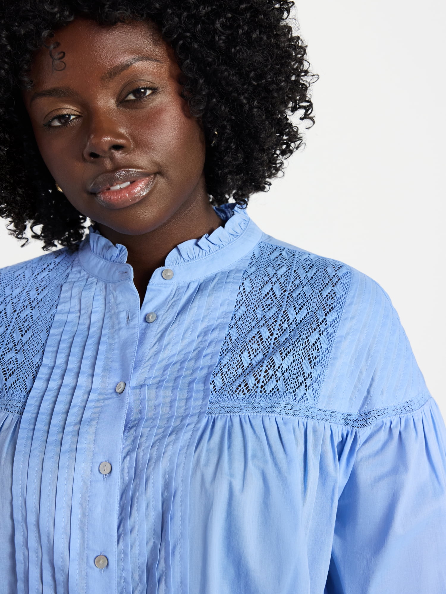 Terra & Sky Women's Plus Size Lace Inset Blouse with Long Sleeves, Sizes 0X-5X