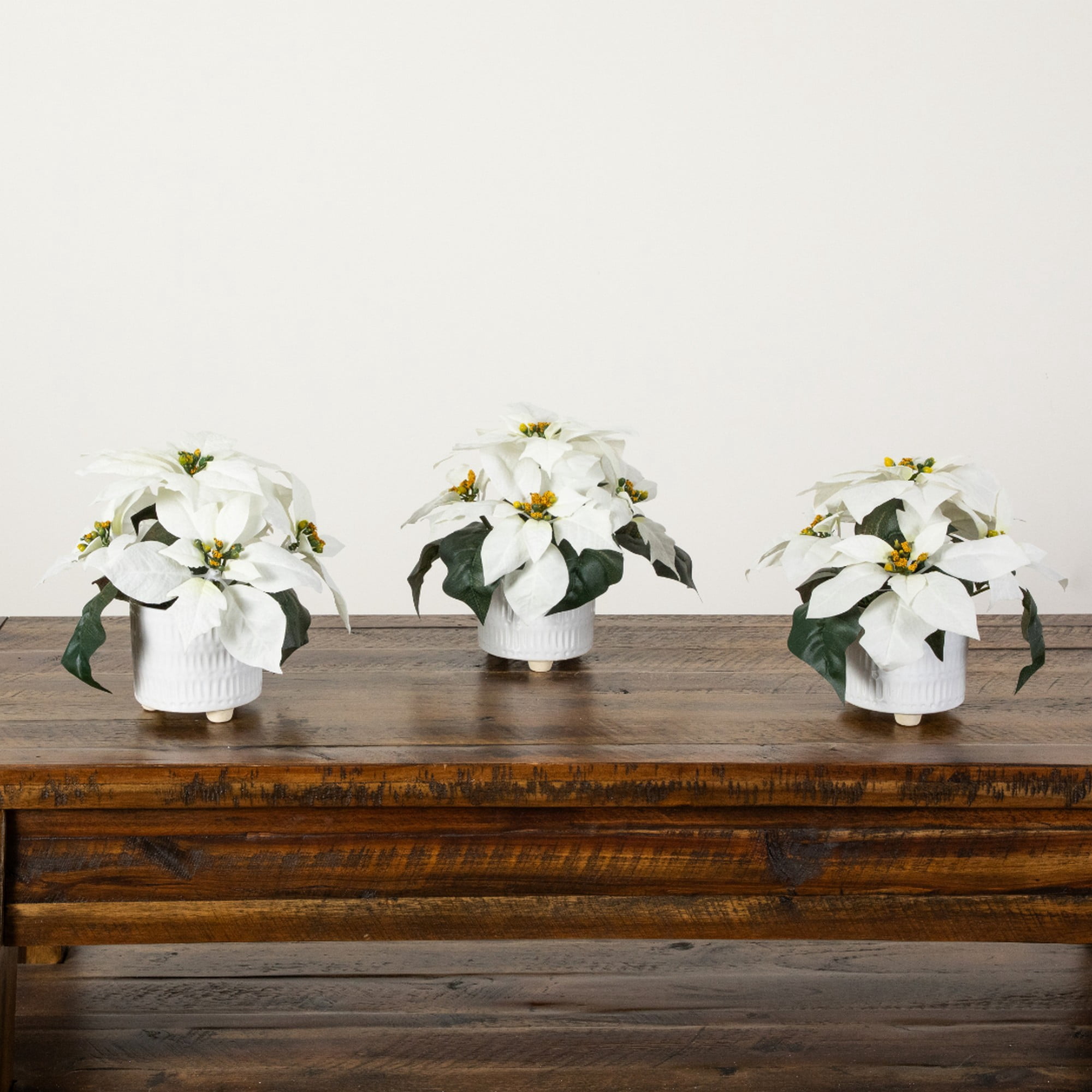 9in. Artificial White Poinsettia Arrangements in White Ceramic Pots - Set of 3