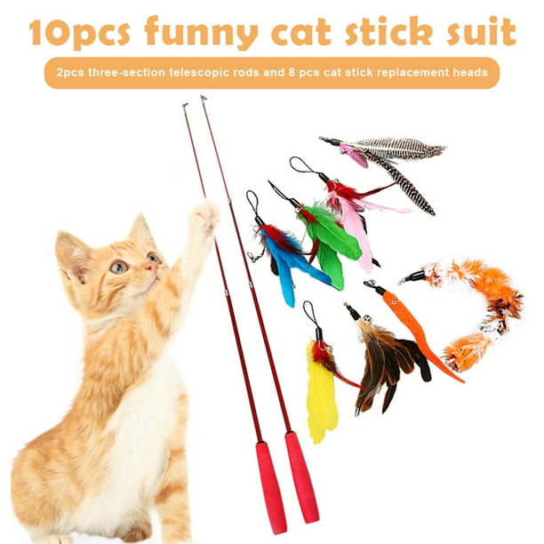 IKemiter 10pcs Retractable Cat Wand Toy Set Colorful Cat Teaser with  Feather Head Replacement & Bell Cat Stick Supply for Kitten