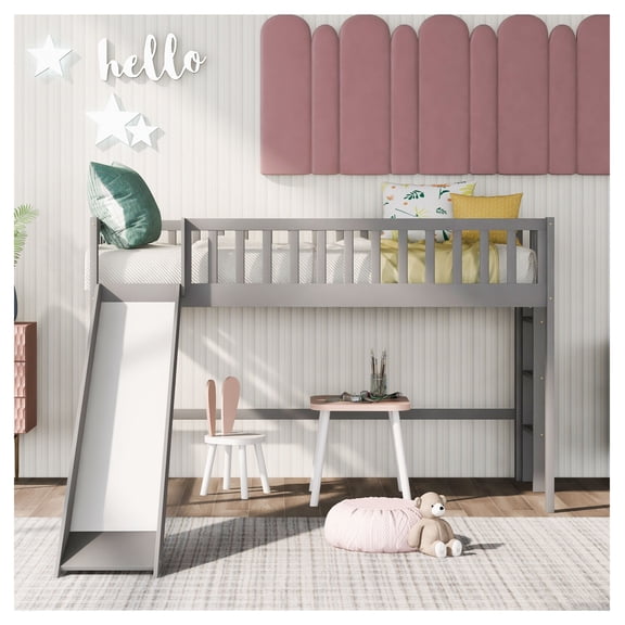 Twin Size Low Loft Bed with Ladder and Slide, Gray(OLD SKU:WF196418AAE)
