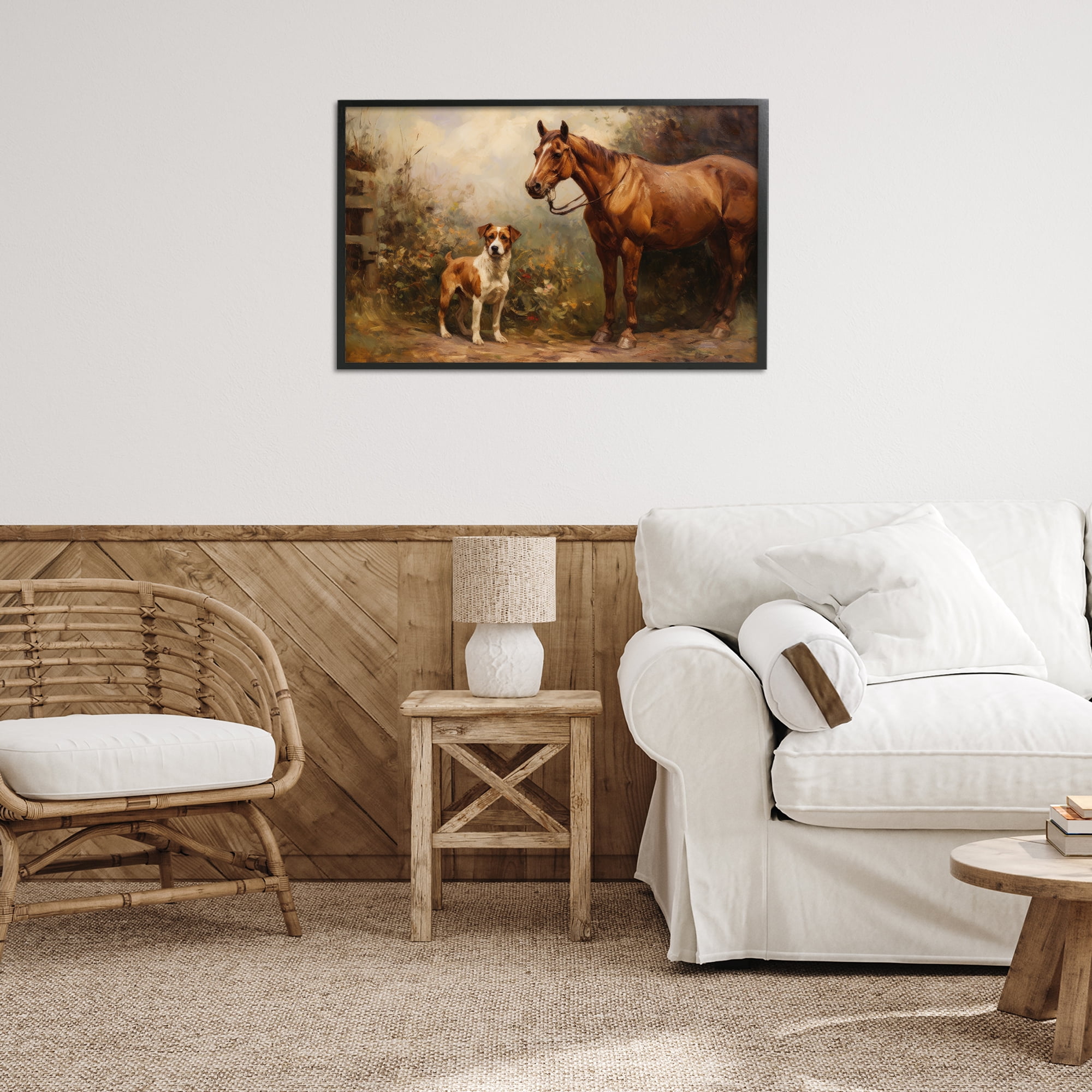 Stupell Industries Horse & Dog in Nature Landscape Painting Black Framed Art Print Wall Art, 30 x 20