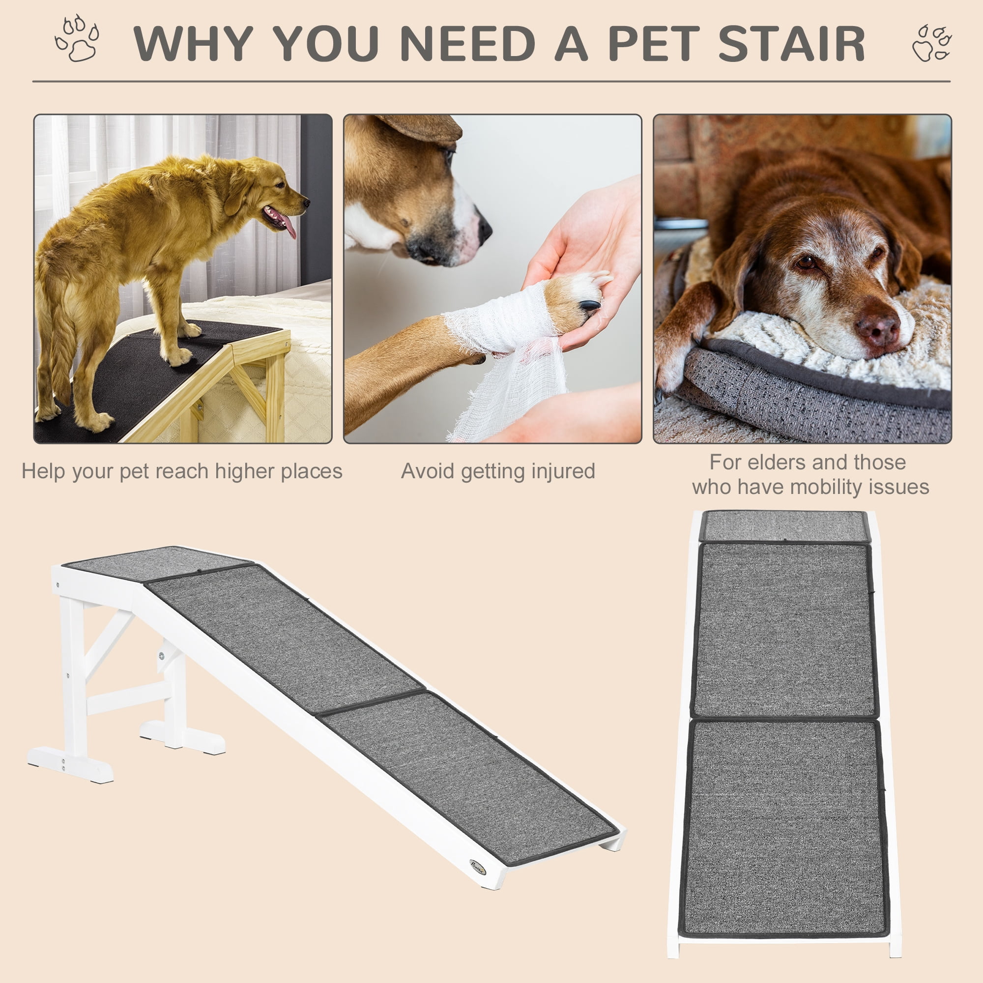 Dog Ramp for Bed, Pet Ramp for Dogs with Non-Slip Carpet and Top Platform, 60" x 16" x 20", White