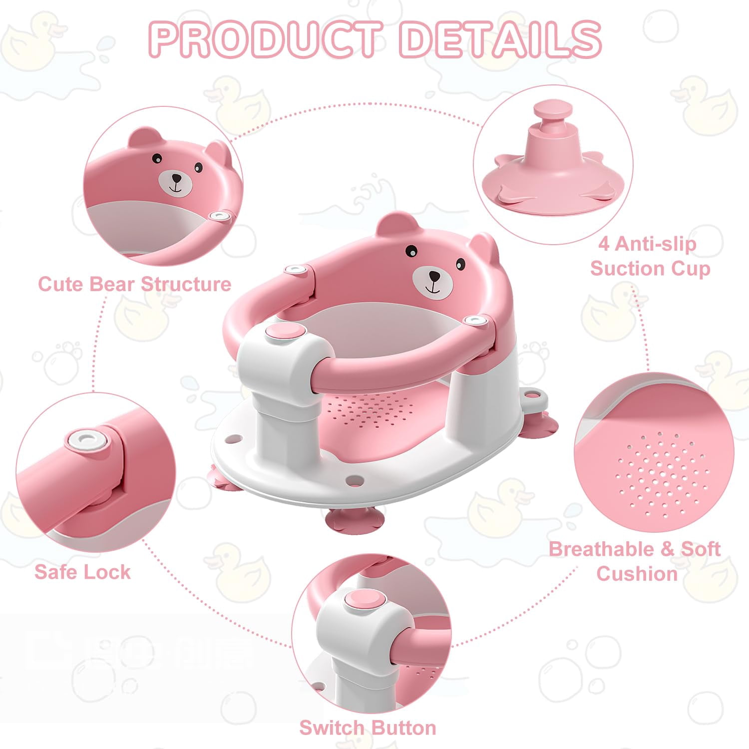 Soluxeo Baby Bath Seat for Babies 6 Months & up, Non-Slip Toddler Bath Seats for Babies Sitting Up with 4 Suction Cups & Soft Cushion for Shower(Pink)