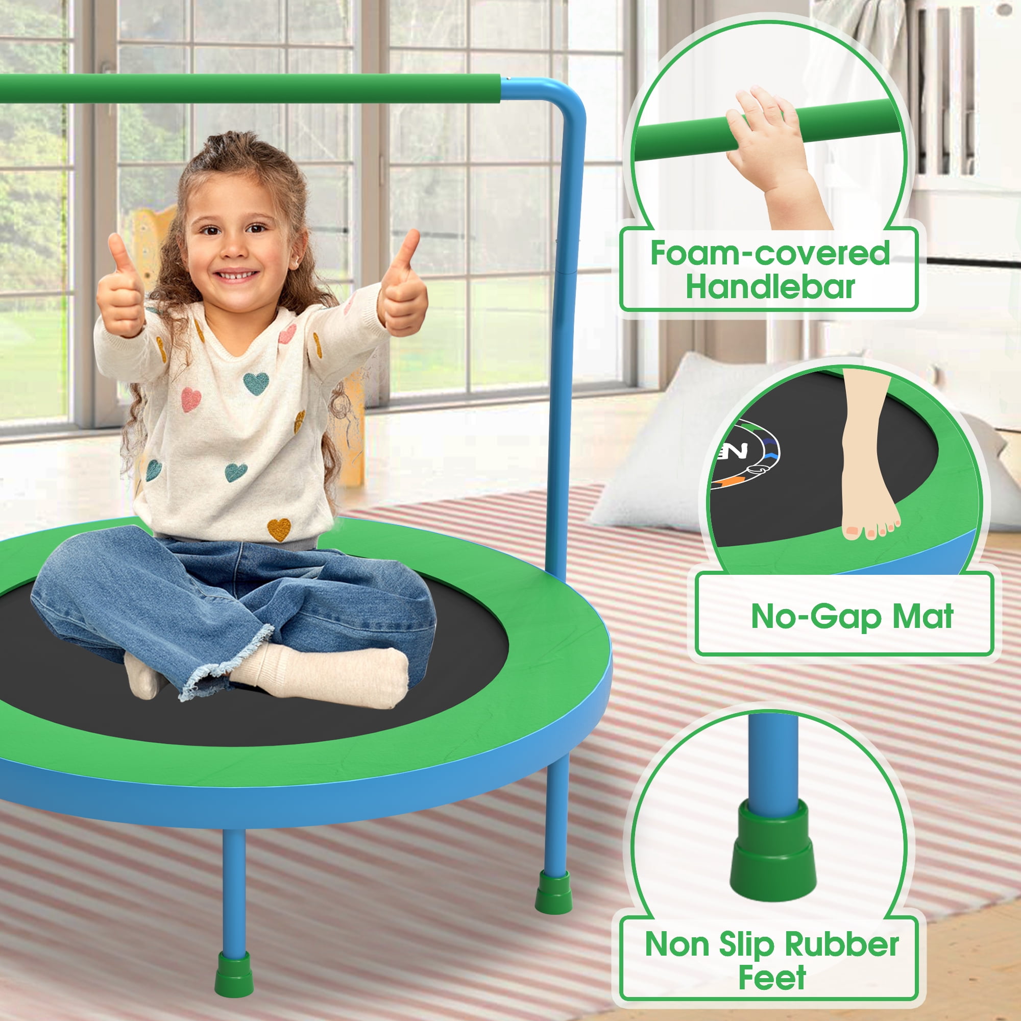 YORIN 36" Trampoline for Kids, 3FT Mini Indoor/Outdoor Foldable Toddler Trampoline with Adjustable Foam Handle, Small Rebounder Fitness Trampoline with No-Gap Padded Cover, Gift for Baby