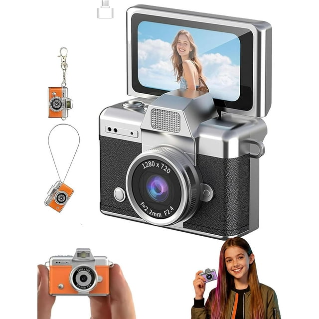Cámara de Vlogs Digital Mini con Pantalla Abatible de 1.47", Grabadora de Video Portátil 720p para Selfies, Flash Incorporado, Tarjeta de Memoria de 64GB Incluida
