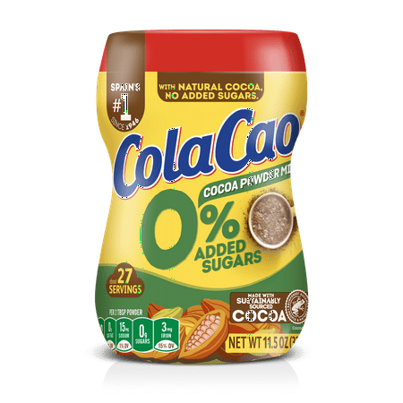 Cola Cao Cocoa Powder Mix 0% Added Sugars, 11.5oz (325g). Made with Natural and Sustainably Sourced Chocolate.