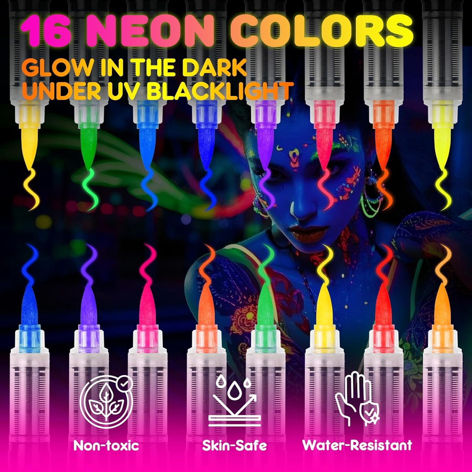 UV Neon Face Paint Markers 8/18 Colors, Glow in the Dark Body Paint Pens for Skin, Washable Temporary Tattoo Markers for Halloween Party Cosplay