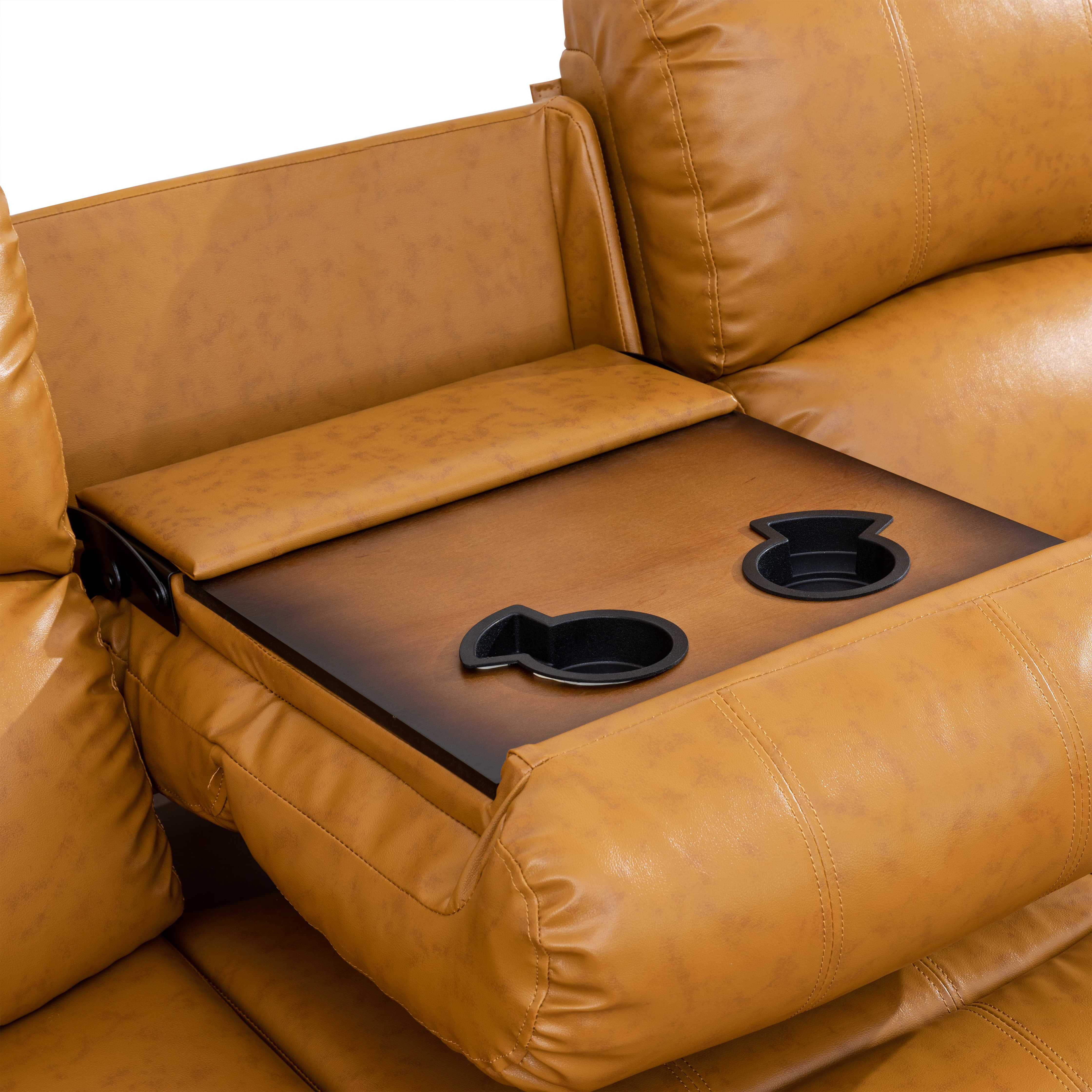MAYEERTY Reclining Sofa, 3-Seat Wear-Resistant Breathable Fabric Recliner with Reversible Coffee Table for Living Room, Ginger