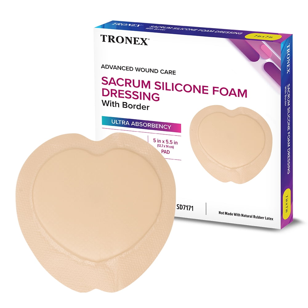 TRONEX SD7171 Sacrum Silicone Foam 7"x7", Adhesive Border, Waterproof, Sterile, Ultra Absorbency, Breathable, Advanced Wound Care, Gentle Removal, Latex Free, Beige, Pack of 10