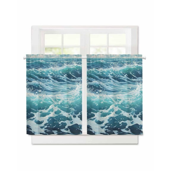 Abstract Ocean Waves Short Blackout Curtains 36 Inch Long Modernism Blue Marine Rod Pocket Kitchen Curtains, 2 Panels Thermal Insulated Room Darkening Drapes for Bedroom, 30"W x 36"L