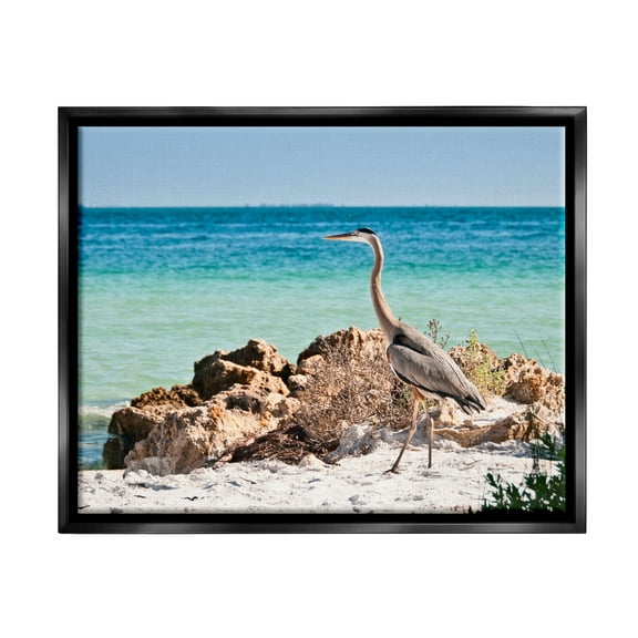 Stupell Industries Heron Watching Ocean Animals & Insects Photography Black Floater Framed Canvas Art Print Wall Art, 21 x 17