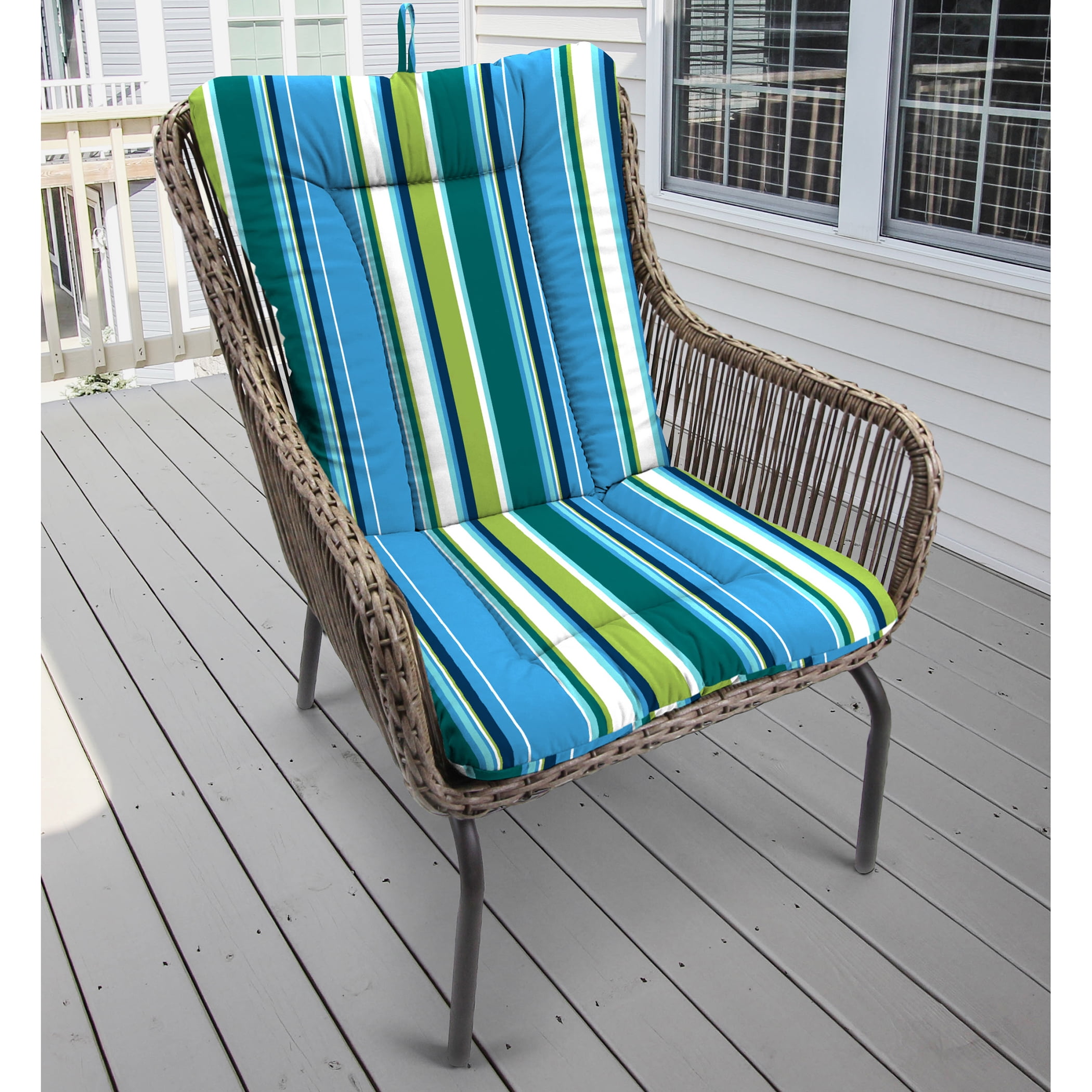 Jordan Manufacturing 38" x 21" Covert Capri Blue Stripe Rectangular Outdoor Wrought Iron Chair Cushion with Ties and Hanger Loop
