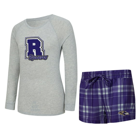 Women's Concepts Sport Heather Gray/Purple Baltimore Ravens Regulate Plaid Long-Sleeve T-Shirt & Shorts Sleep Set