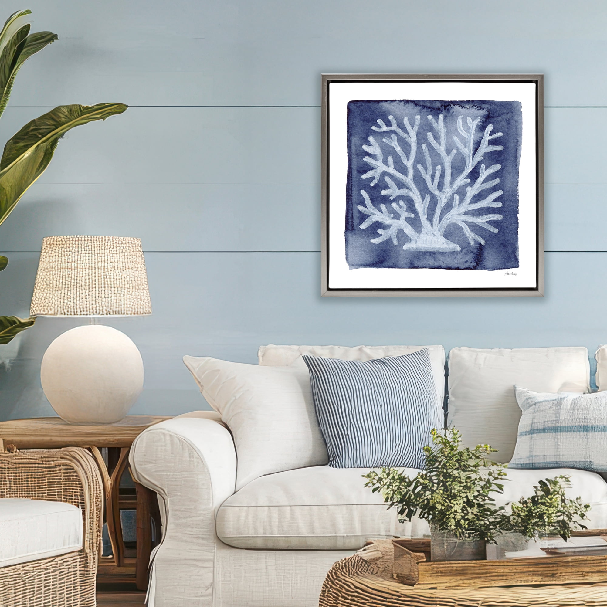 Stupell Industries White Coral on Indigo Gray Framed Floater Canvas Wall Art, design by Patti Bishop