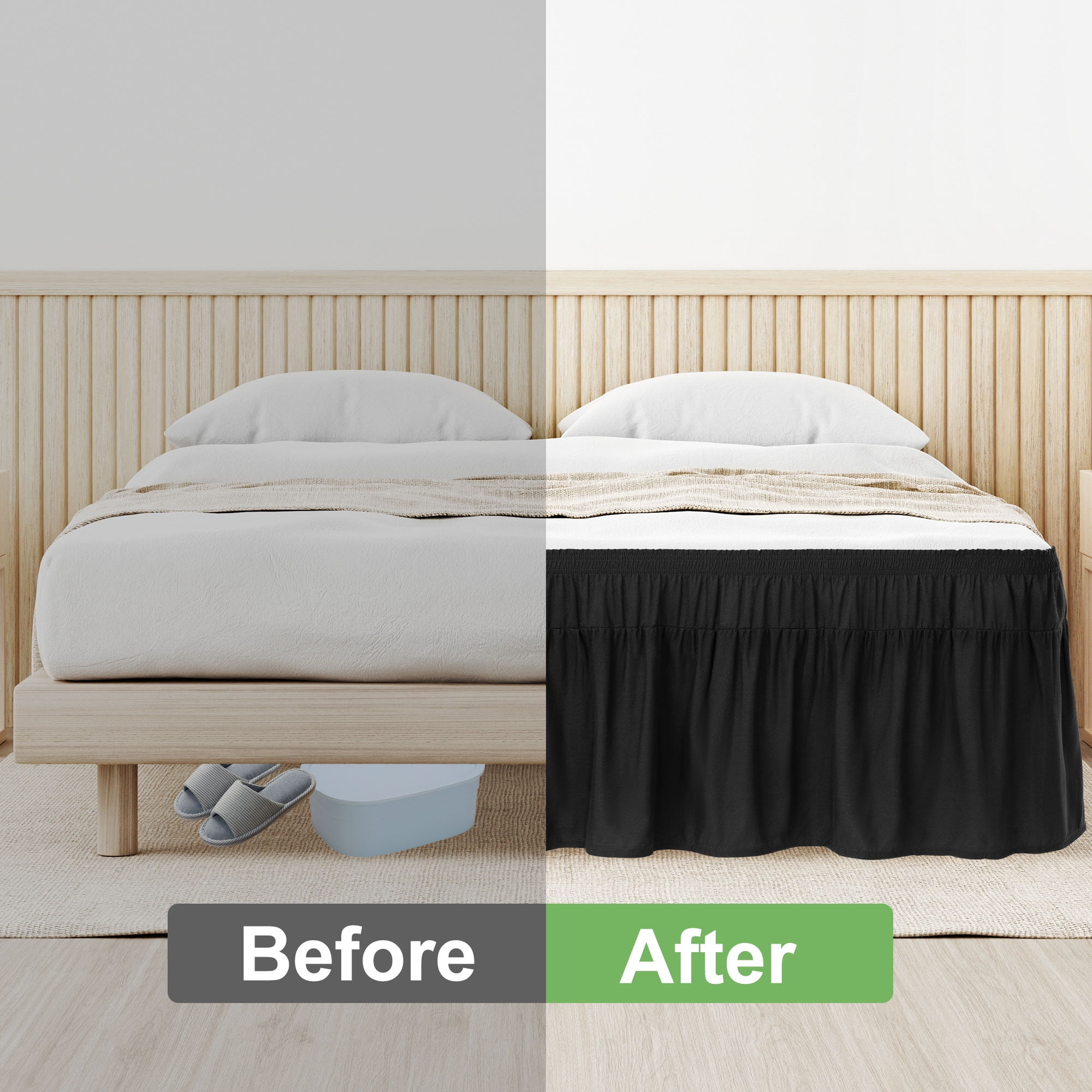 PiccoCasa Polyester Brushed Bed Skirt with Elastic Dust Ruffles 16" Drop, Queen Black
