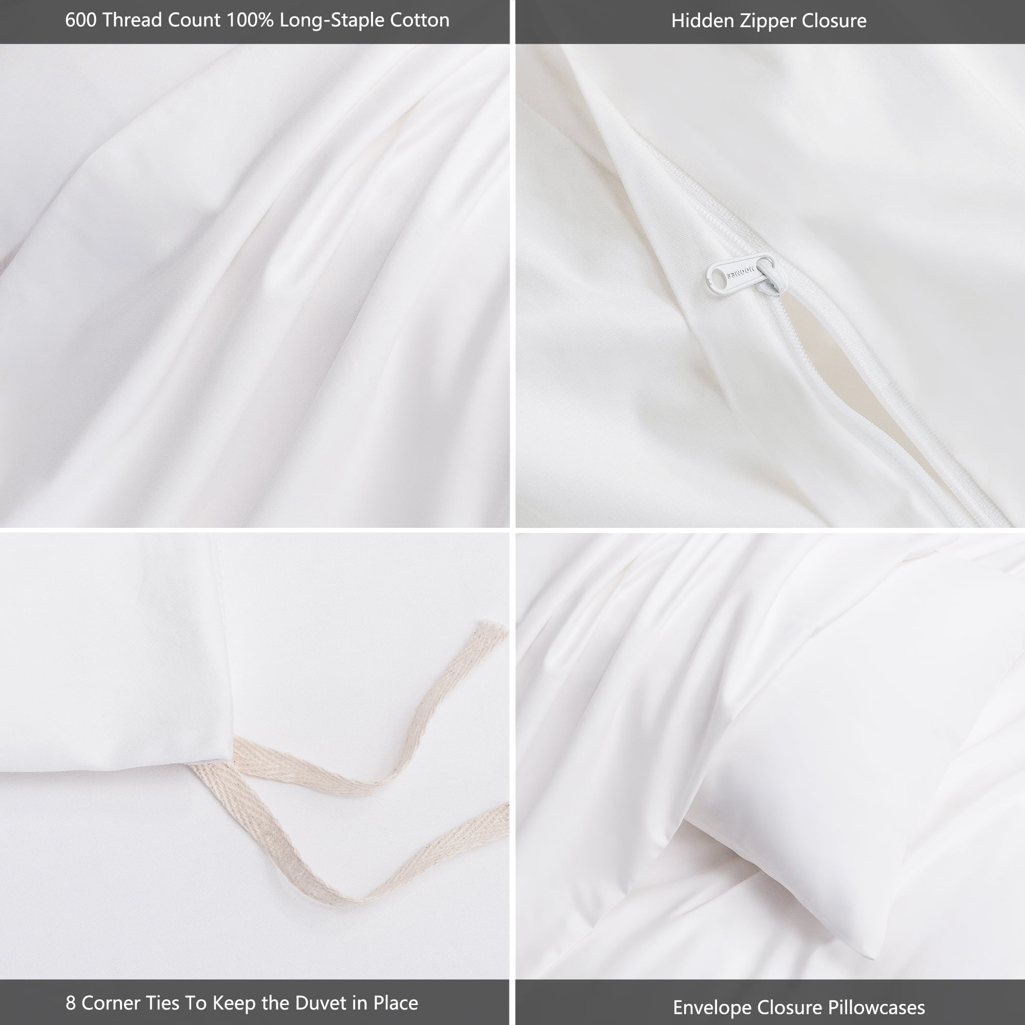 MooMee Duvet Cover Set King 600-TC 100% Long-Staple Cotton Sateen Silky Smooth Luxury (Bright White, 104" x 90")